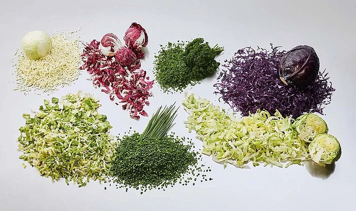 Belt cutting machine for salad, lettuce, herbs and cabbage